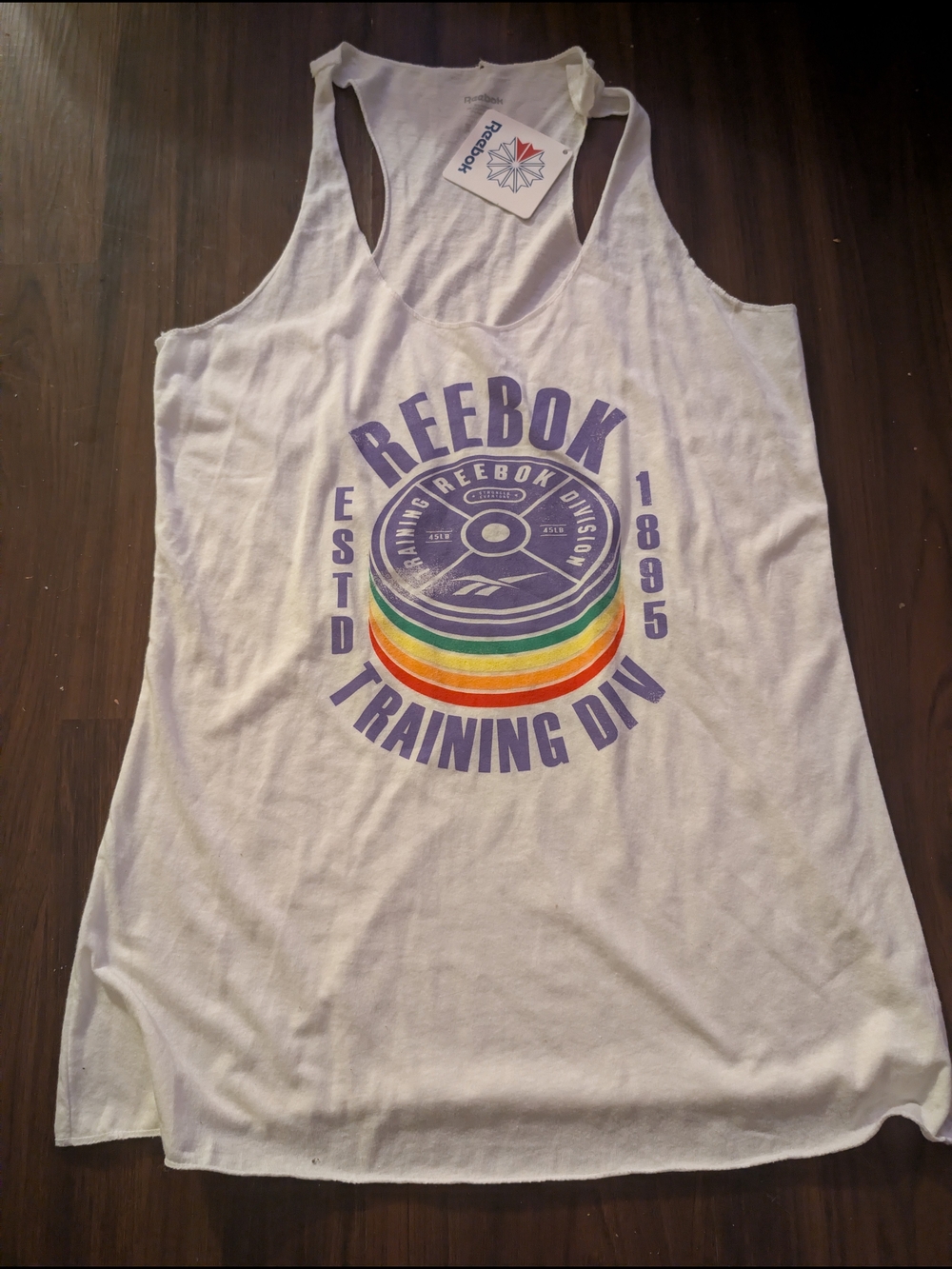 Reebok White Tank with Purple Logo and Rainbow Stripes